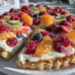 creamy fruit pizza on sugar cookie crust - featured image