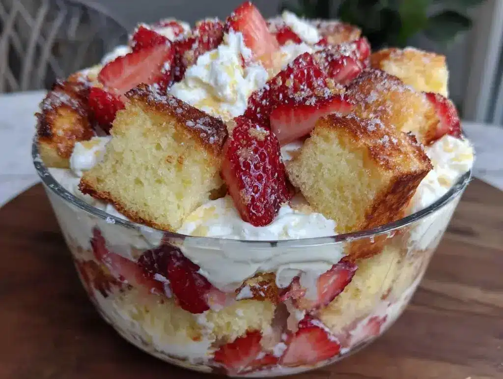 easy creamy strawberry shortcake trifle - featured image