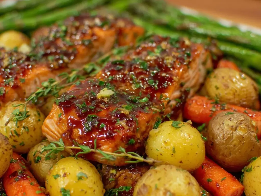 honey garlic salmon sheet pan dinner - featured image