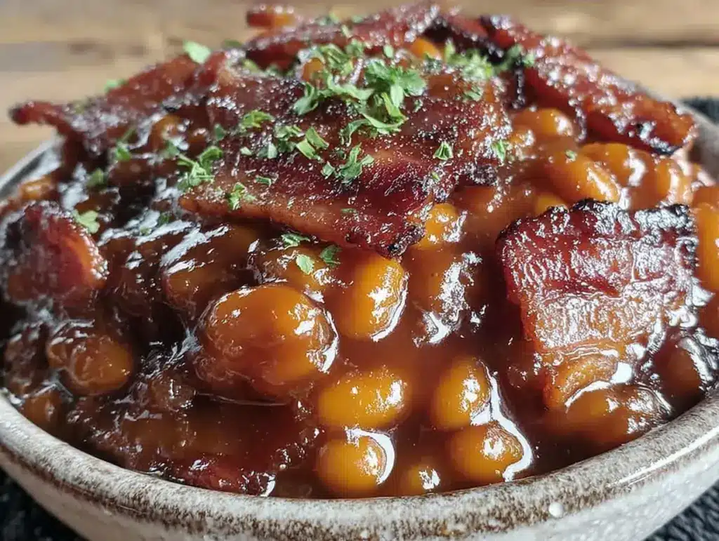 slow cooker brown sugar baked beans with bacon - featured image