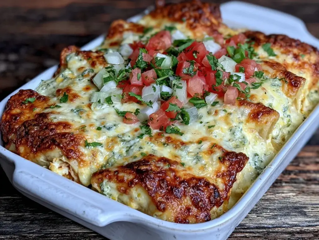 creamy chicken enchilada casserole - featured image
