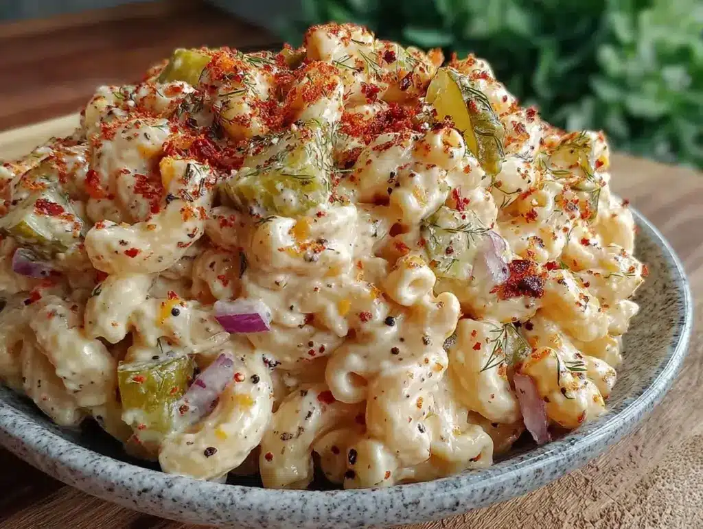 creamy classic dill pickle macaroni salad - featured image