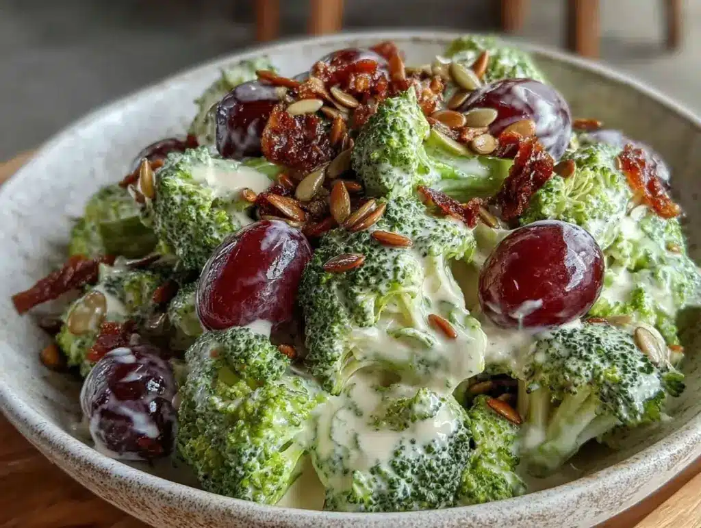 creamy crunchy broccoli grape salad - featured image