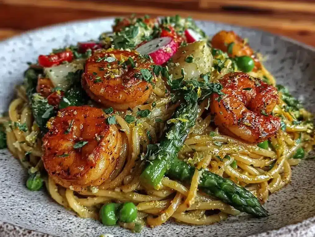 creamy lemon garlic butter shrimp pasta primavera - featured image