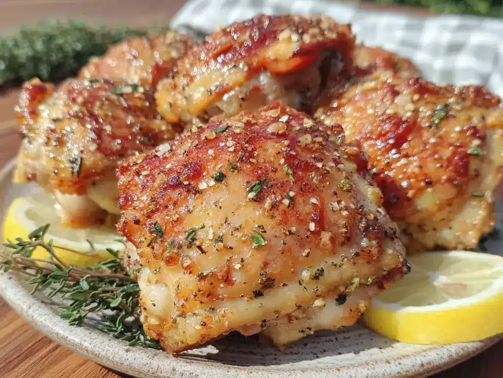 crispy lemon pepper air fryer chicken thighs - featured image