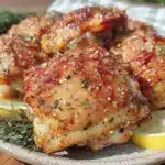 crispy lemon pepper air fryer chicken thighs - featured image