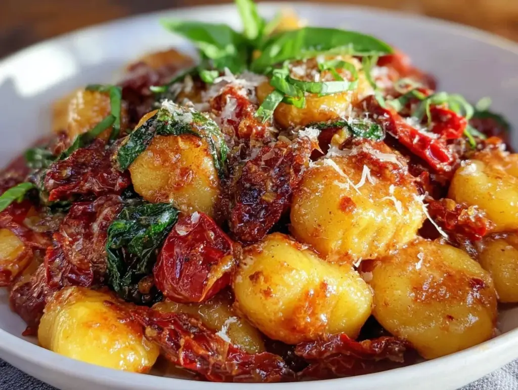 crispy one-pot sun-dried tomato spinach gnocchi - featured image