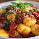 crispy one-pot sun-dried tomato spinach gnocchi - featured image