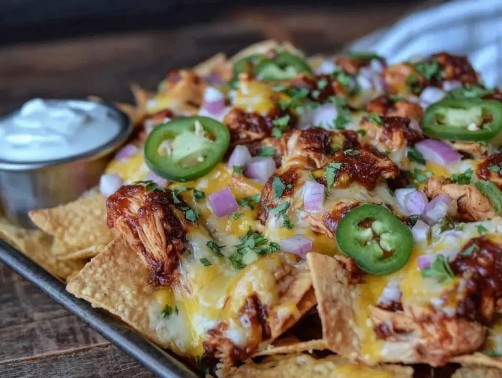 crispy sheet pan bbq chicken nachos - featured image