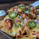 crispy sheet pan bbq chicken nachos - featured image