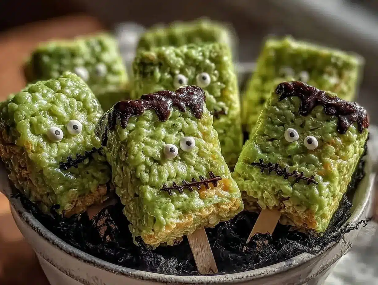Frankenstein Rice Krispie treat pops preparation steps