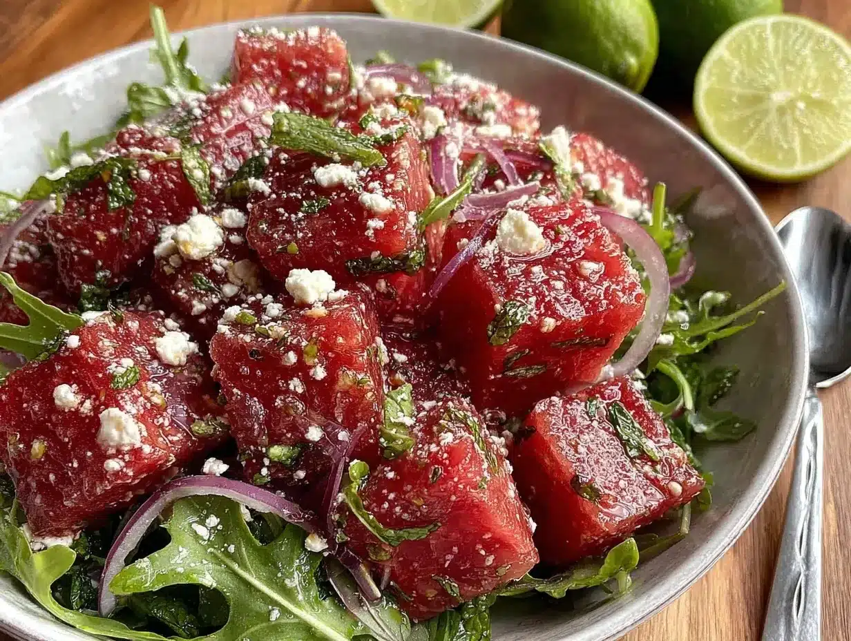 fresh watermelon feta arugula salad preparation steps