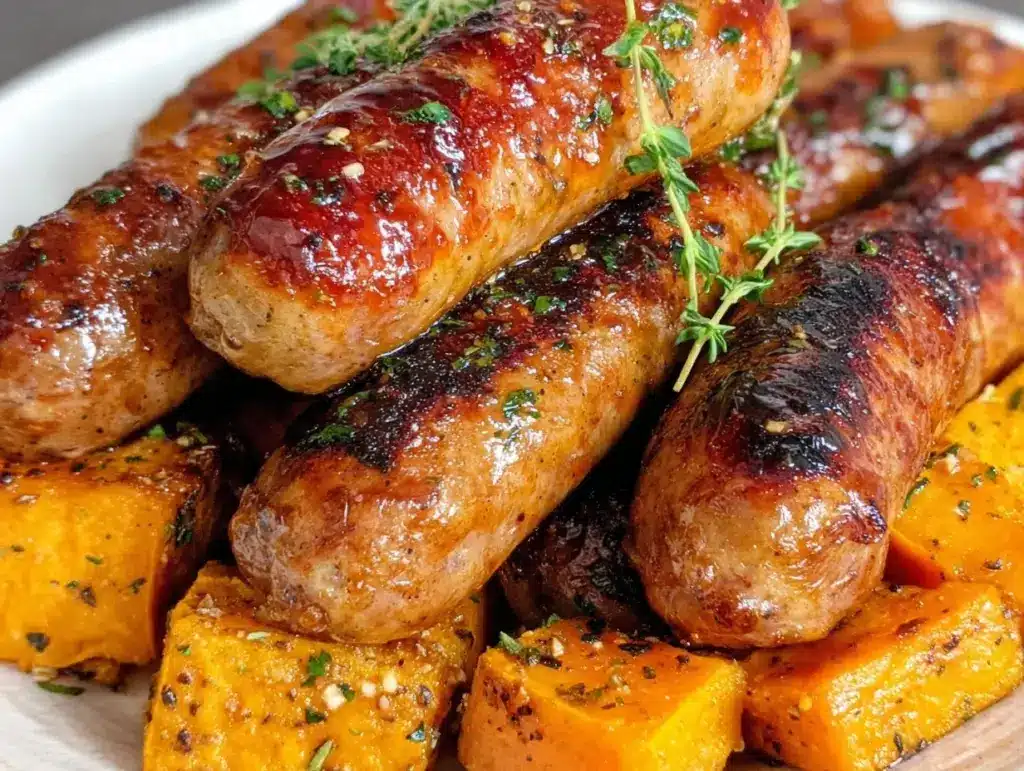 honey sriracha sausage with sweet potatoes - featured image