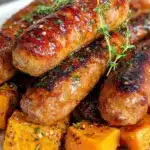honey sriracha sausage with sweet potatoes - featured image