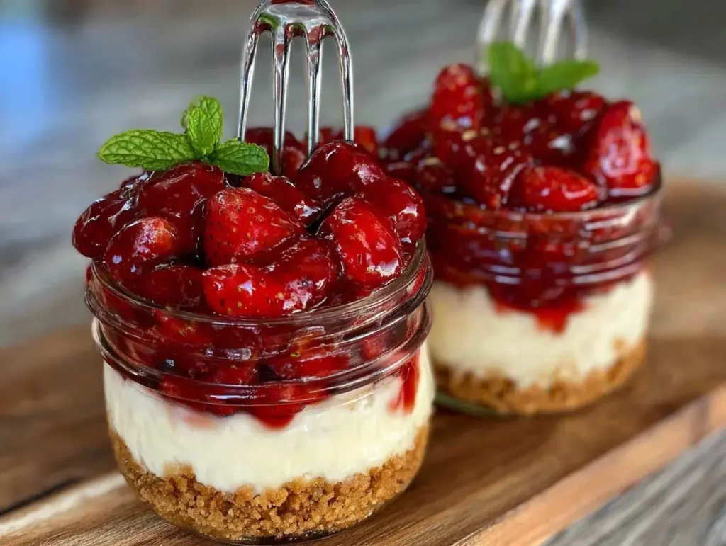 no-bake strawberry cheesecake jars - featured image