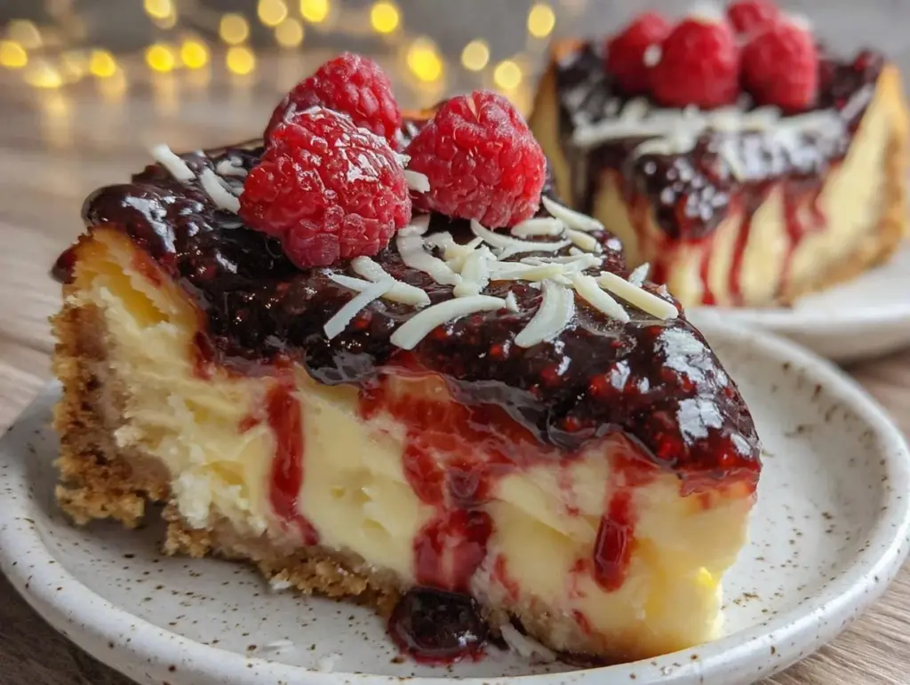 creamy black raspberry white chocolate cheesecake - featured image