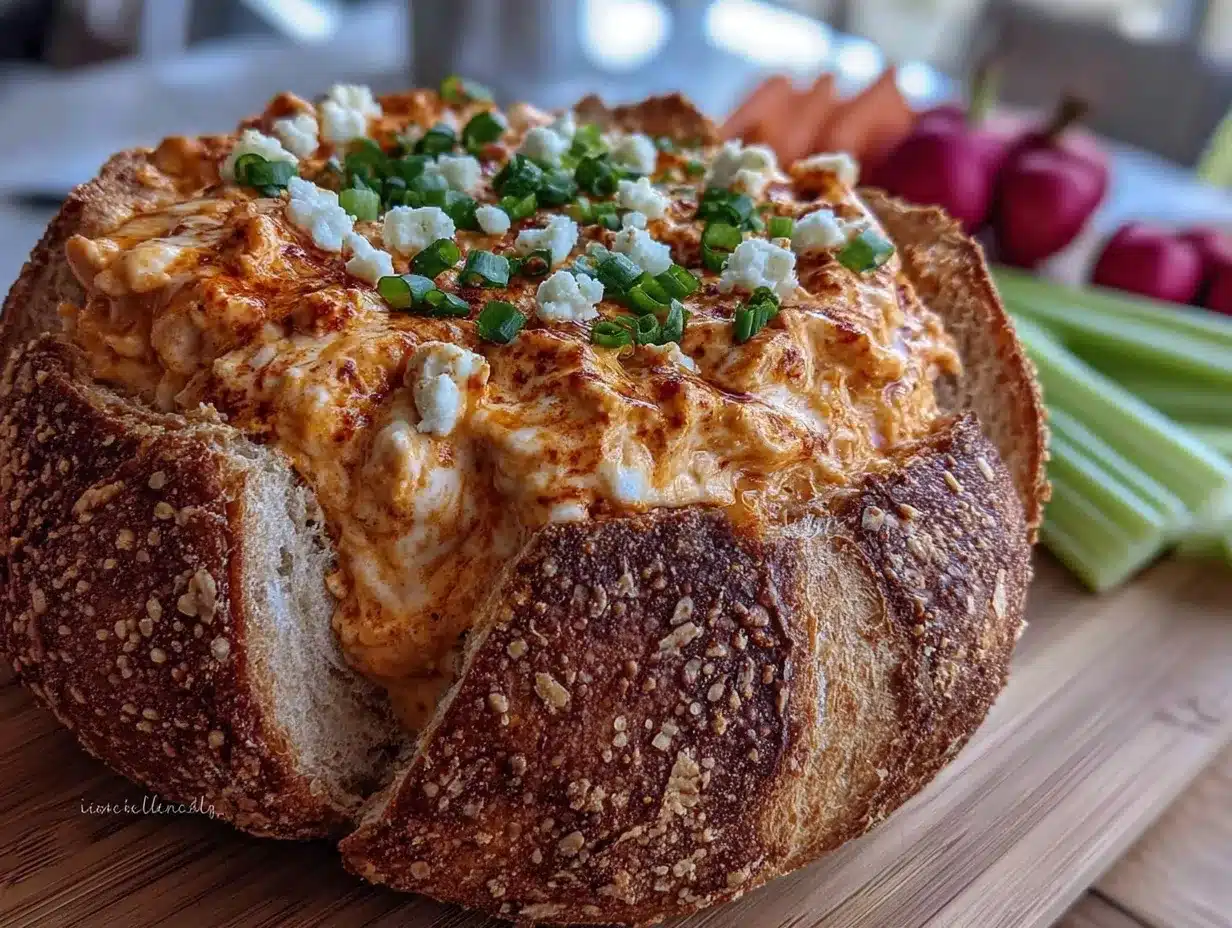 creamy buffalo chicken dip bread bowl preparation steps