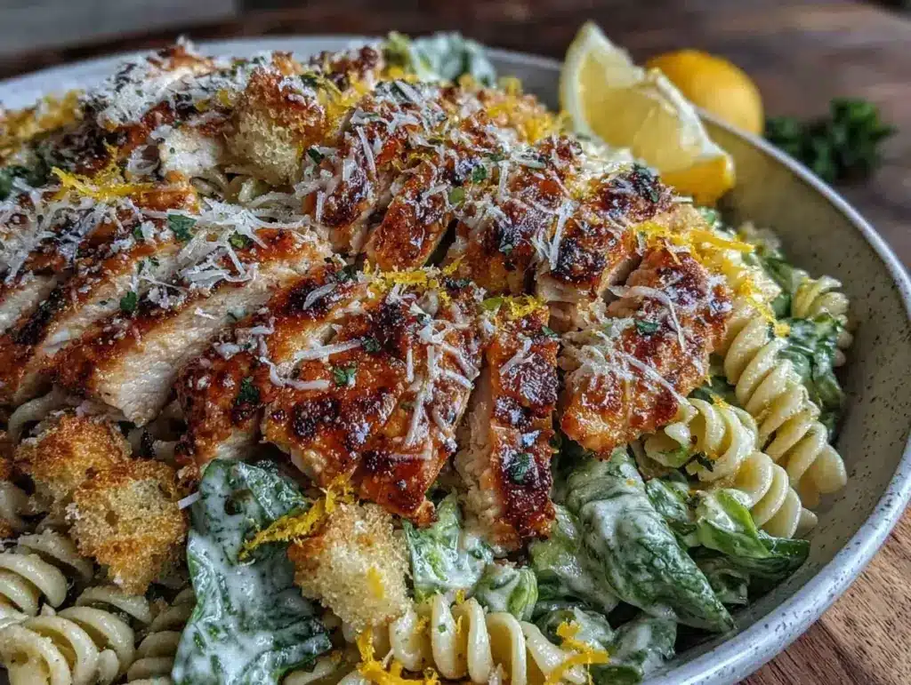 creamy grilled chicken caesar pasta salad - featured image