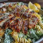 creamy grilled chicken caesar pasta salad - featured image