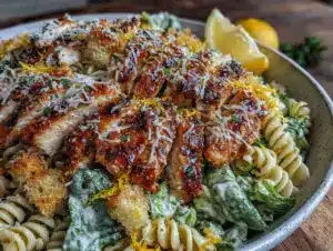 creamy grilled chicken caesar pasta salad - featured image