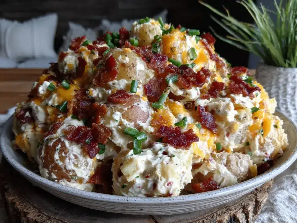 creamy loaded baked potato salad with bacon - featured image