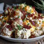 creamy loaded baked potato salad with bacon - featured image