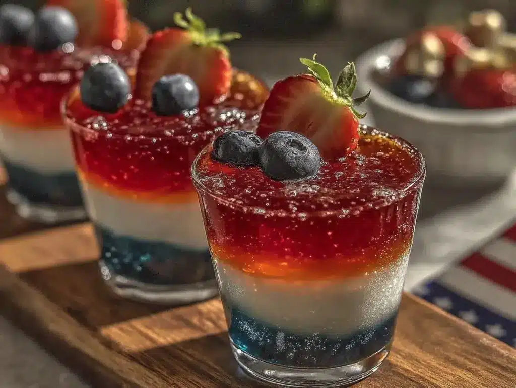 festive patriotic layered jello shots with vodka - featured image