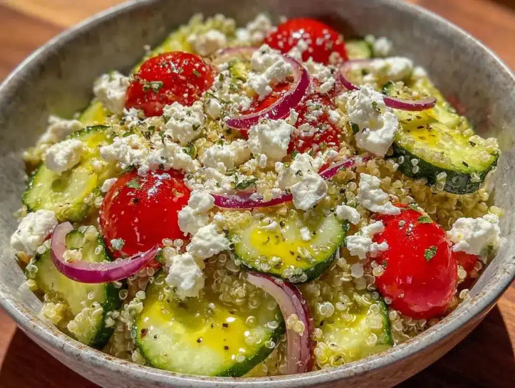 fresh greek cucumber feta quinoa bowl - featured image