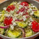 fresh greek cucumber feta quinoa bowl - featured image