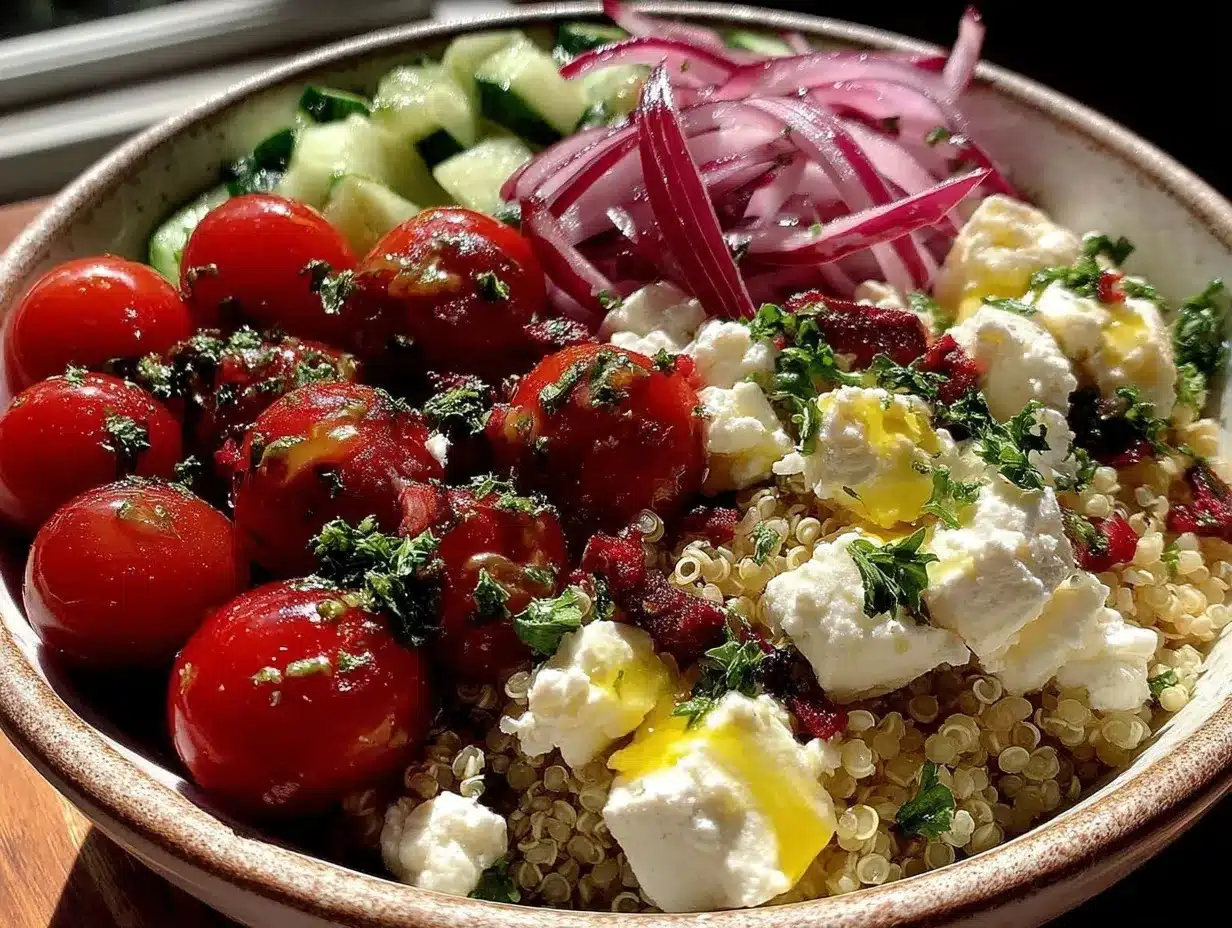 fresh greek cucumber feta quinoa bowl preparation steps