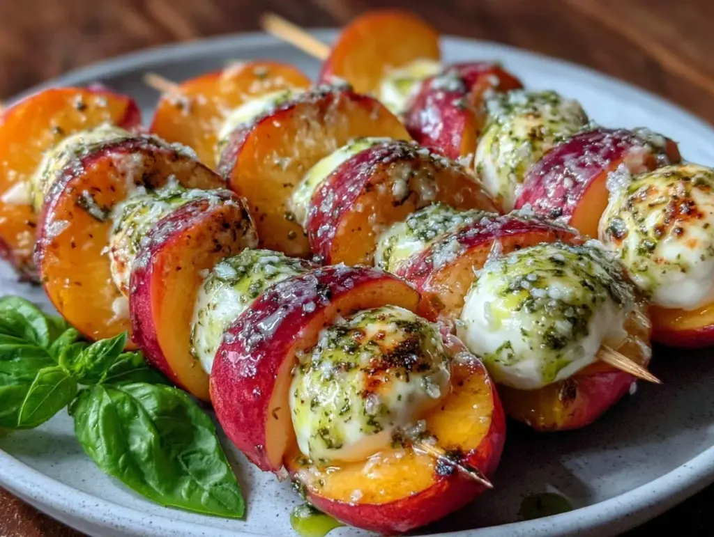 fresh peach caprese skewers - featured image