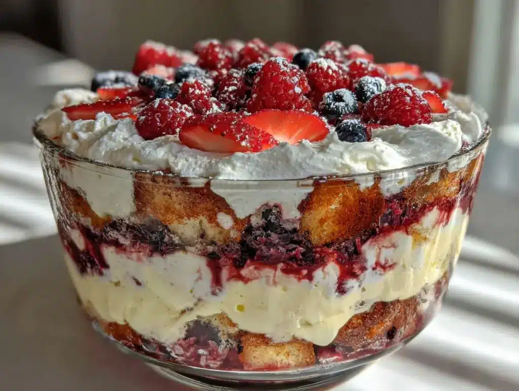 fresh red white and blue berry trifle - featured image