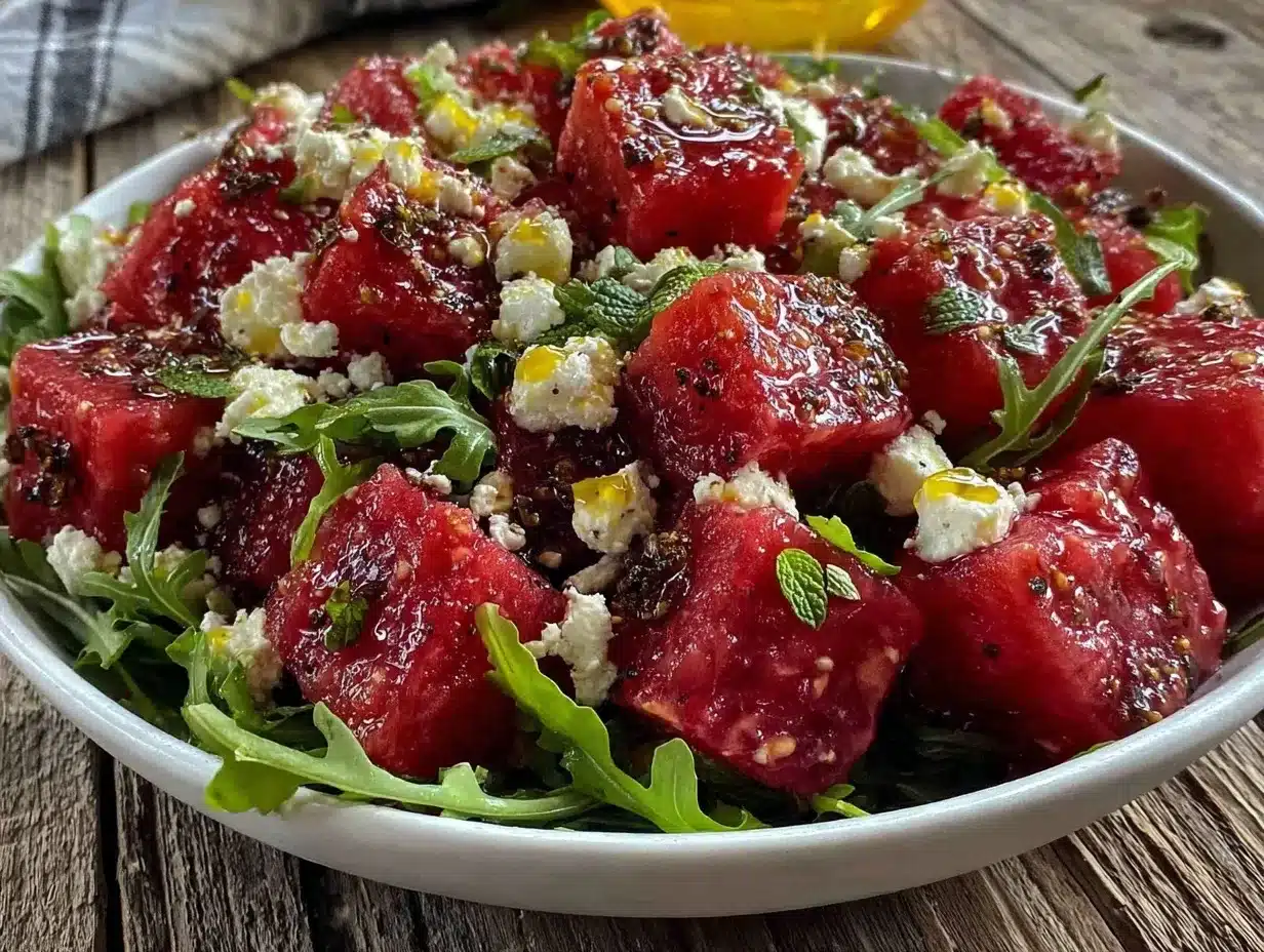 fresh watermelon feta arugula salad preparation steps
