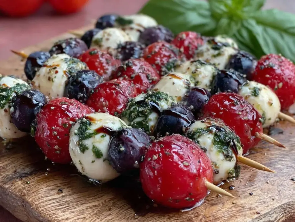 red white and blue caprese skewers - featured image