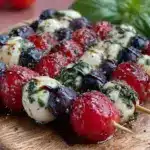 red white and blue caprese skewers - featured image