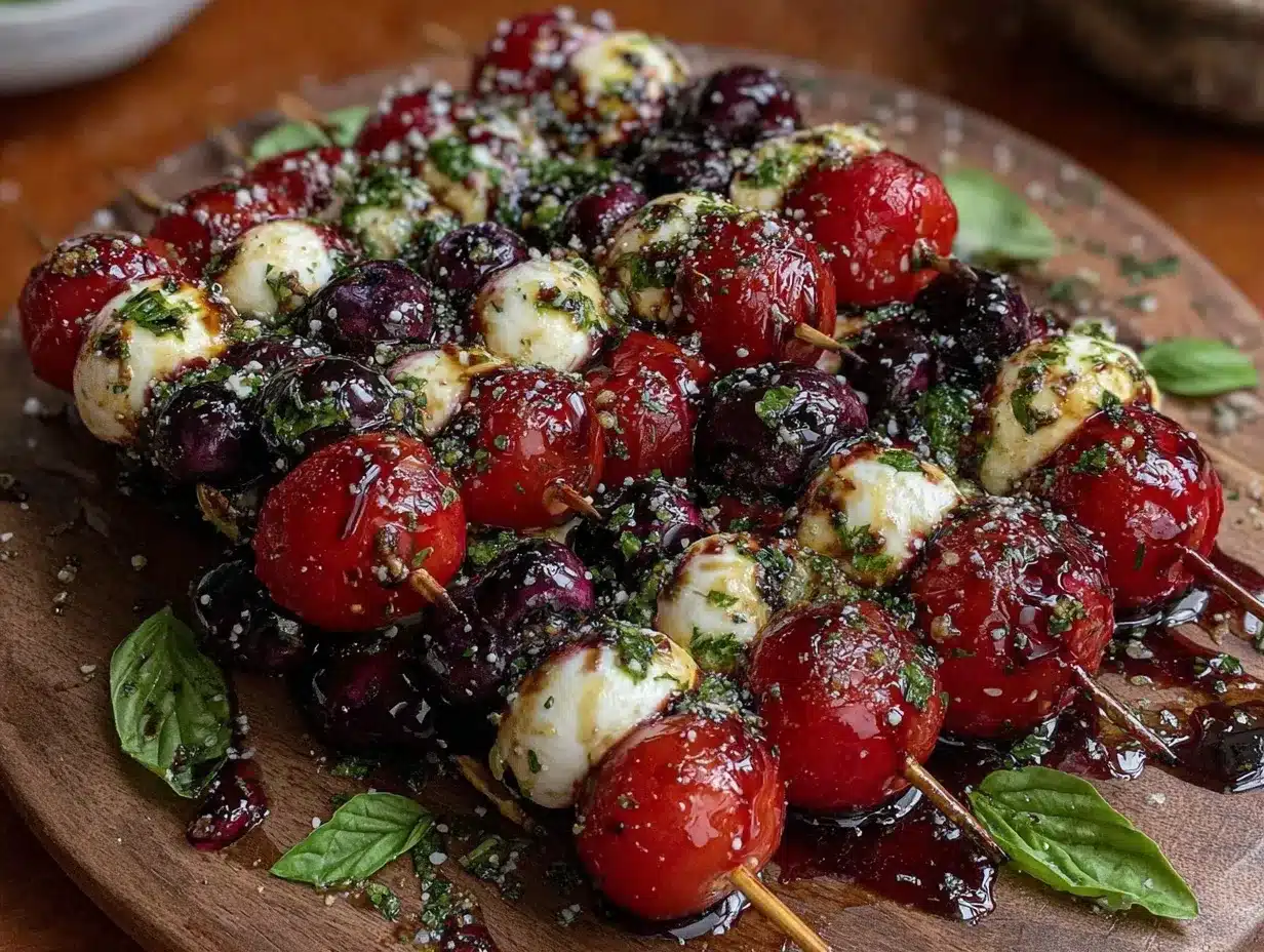 red white and blue caprese skewers preparation steps