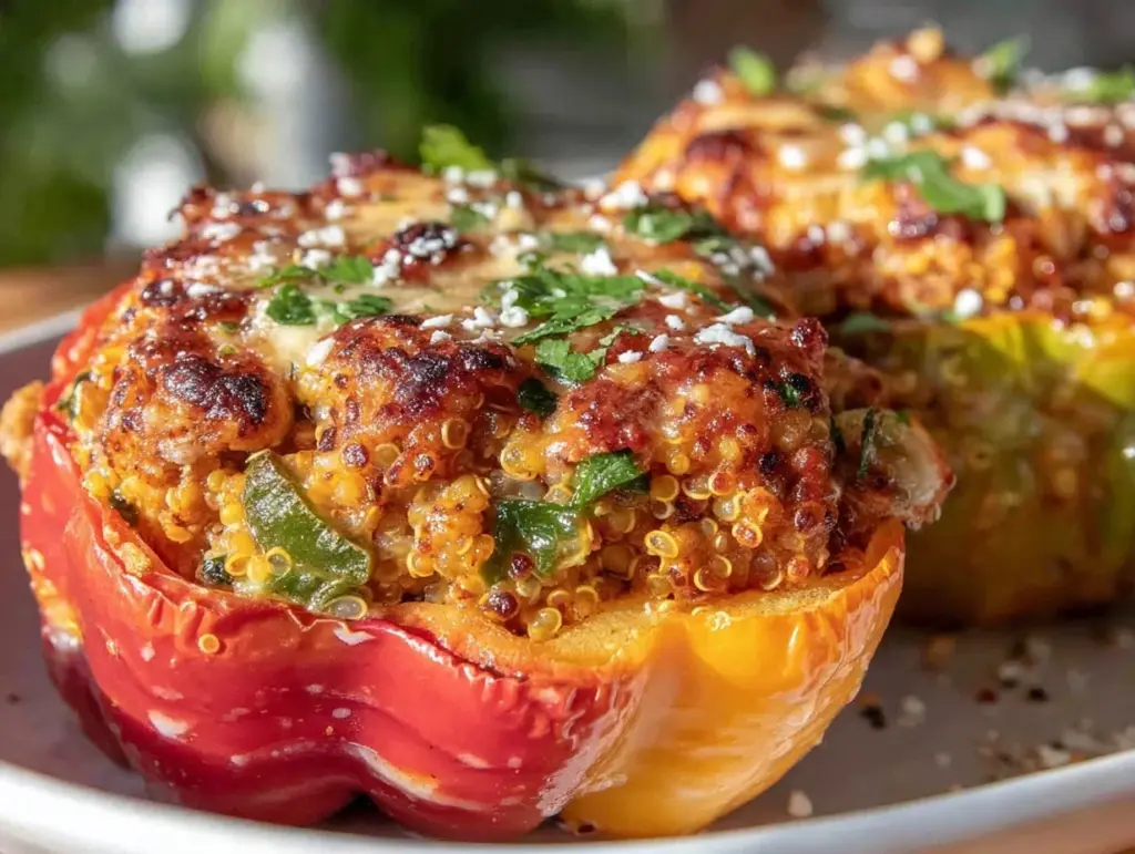 healthy high-protein turkey and quinoa stuffed bell peppers - featured image