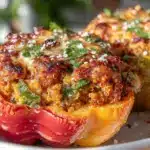 healthy high-protein turkey and quinoa stuffed bell peppers - featured image